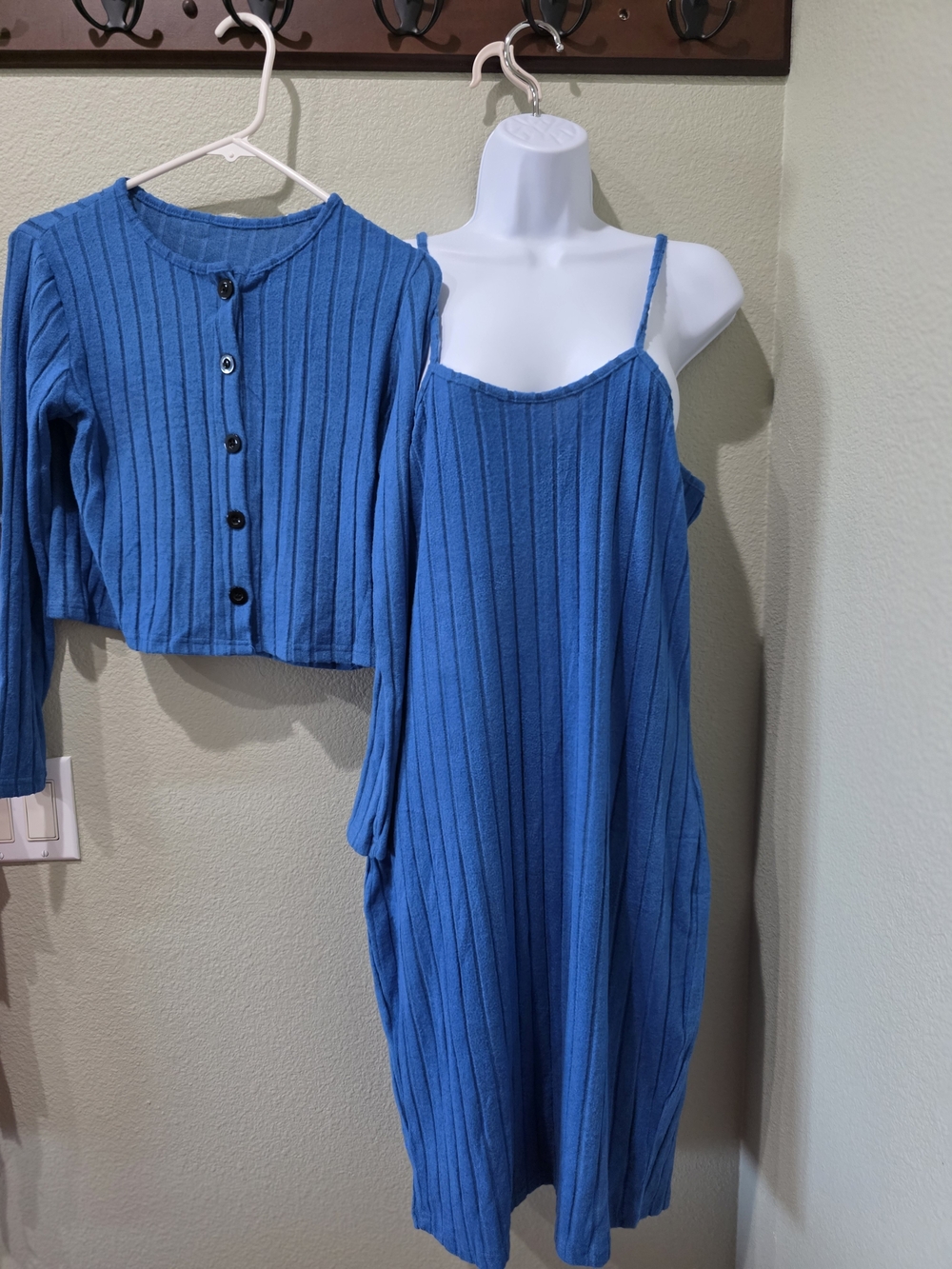 Blue Ribbed Knit Slip Dress with Matching Cardigan Set
